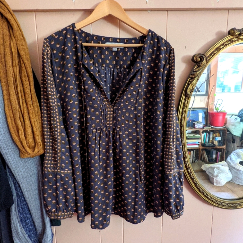 Loft boho print tie neck blouse